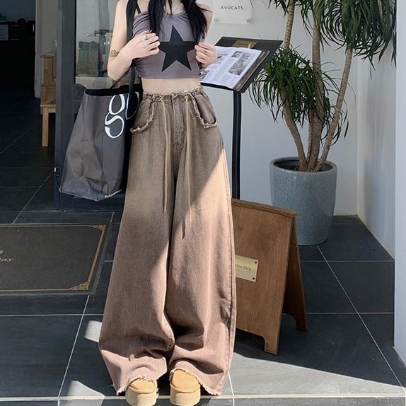 High-waisted drawstring wide-leg pants